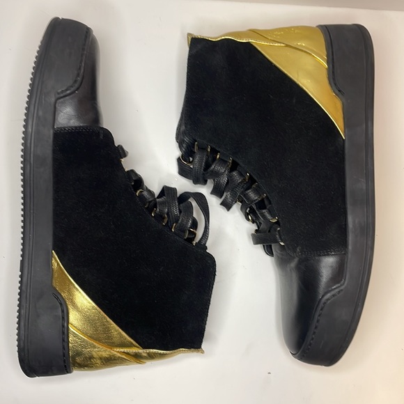 Balmain Black & Gold Lace Up High Top Sneakers 37 W 35 M Suede & Leather… - Picture 7 of 14